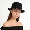 Black Felt Flat Top Short Brim Top Hat Brim Rhinestone Wave Chain Decorative Retro Niche Modeling Hat Thousand Gold Top Hat