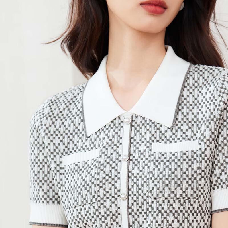 JESSIE Women's Shimmer Contrast Lapel Short Sleeve Knit Top