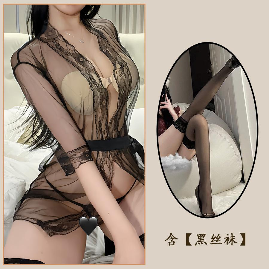 Sex Lingerie Transparent Tulle Seduction Nightgown Lace Sexy Pajamas Shawl Mesh Bathrobe Uniform