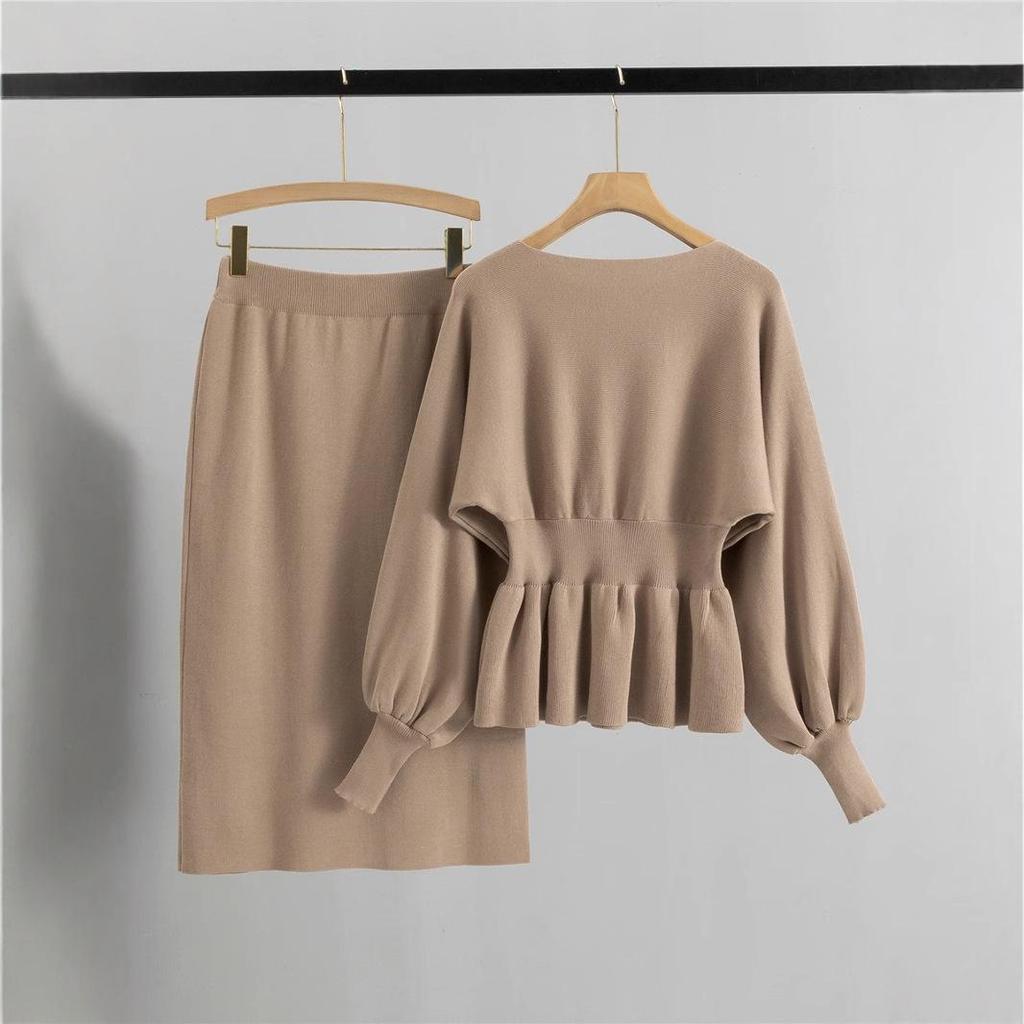 European Lantern Sleeve Bodycon Midi Skirt Set - French Socialite Style