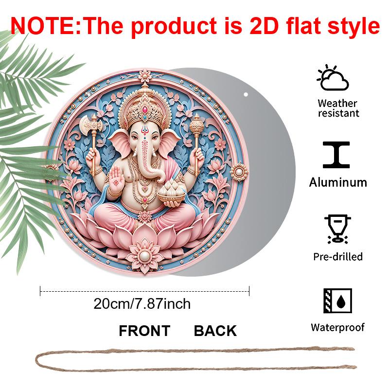 2D Flat, 1pc Round Aluminum Hanging Sign, Pink Blue Lord Ganesha Modak Pink Lotus Pearl Floral Border Print, Easy Hang Indoor Outdoor Metal Plaque