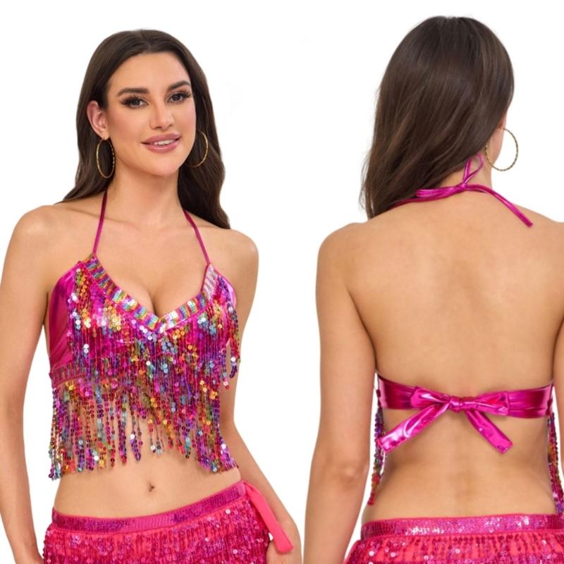 Belly Dance Bandage Glitter Bra Top with Chest Pad Women Belly Dance Costumes for Cosplay Halloween Performances Stage