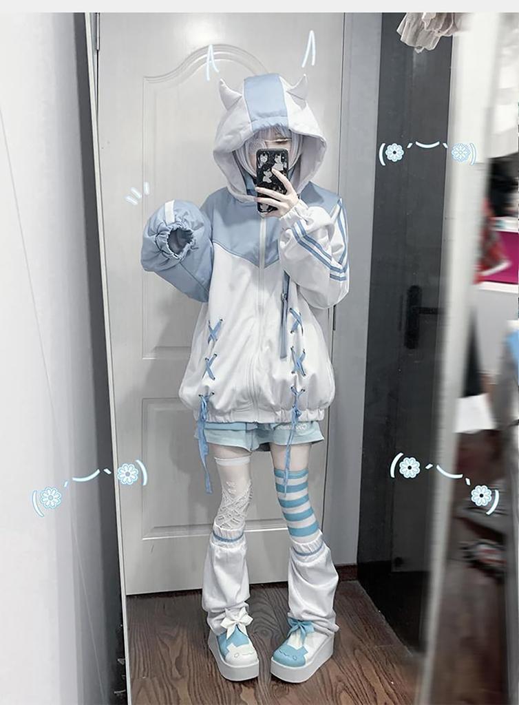 XHSUKADO Yami Kawaii Hoodie with Devil Heart and Ribbon This sweatshirt features a and subculture Perfect for and Available in light blue and Size