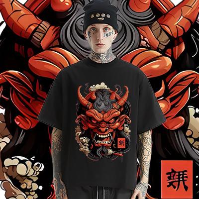 Japanese Samurai Mask Tee Oversized Milk Fiber T-shirt Retro Men Tops  Shirt Streetwear Loose Tshirt