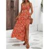 Women's Summer New Style Hollow Twisted Pleated Halter Printed Dress Temperament Romantic Beach Casual Long Skirt