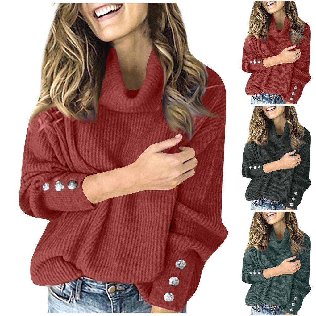 Women's Turtleneck Top Loose Pullover Button Up Long Sleeve Color Knit Bottoming Shirt