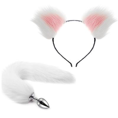 Women Cute Cat Ear Hairband Anime Party Costume with Tail Metal Plug Sexy Cosplay Set