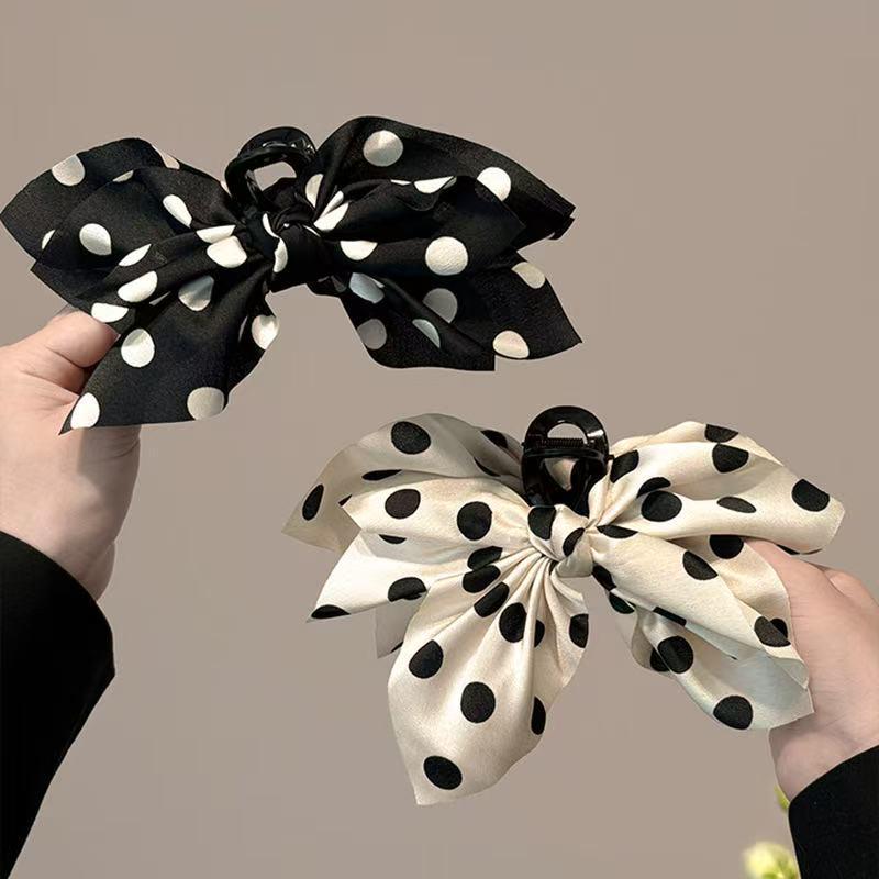 French Polka Dot Bow Hair Clip - Retro Shark Claw with Luxury Feel