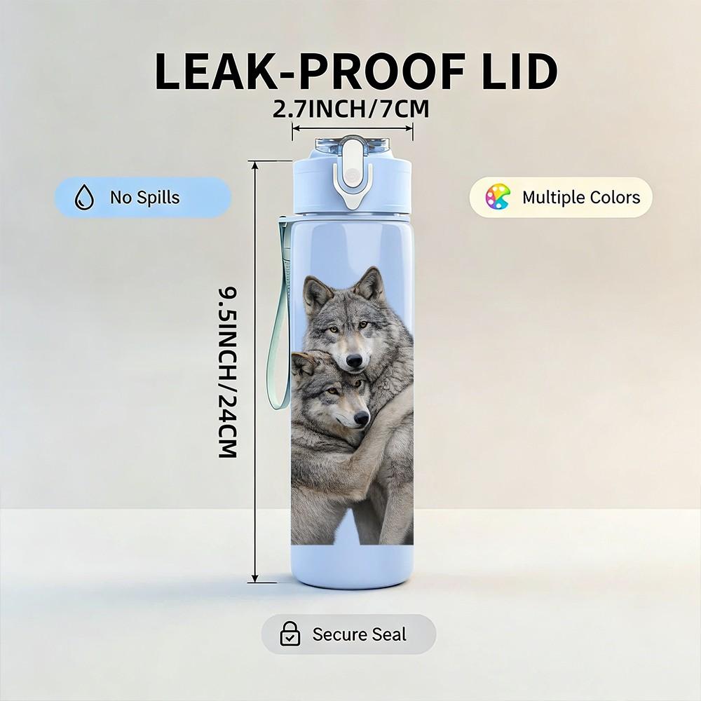 1PC Two Grey Wolves Hugging Animal Print 750ml Color Plastic Sports Water Bottle Leakproof Flip Straw Lid Suitable for Sports Office Home Use