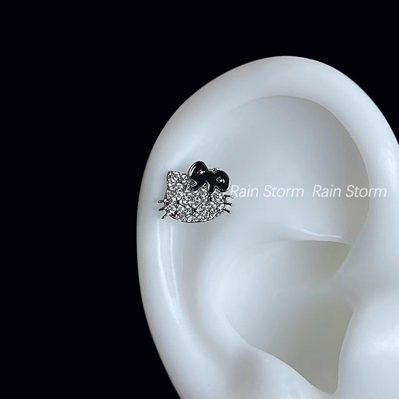 Black dripping oil full drill Kt cat earbone nails burst titanium steel flat bottom cochlear nails cute stud earrings female