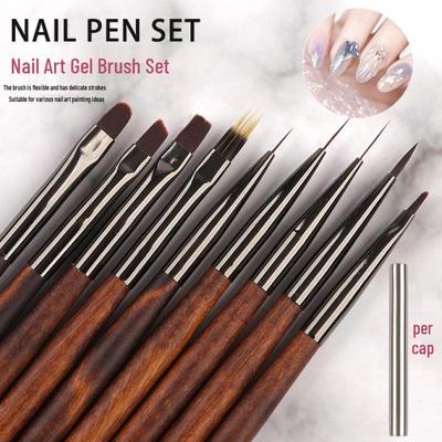 Japanese Sandalwood Nail Art Brush Set: Round, Flat, Liner, Gradient, Lace, Dotting, and Blending Brushes.