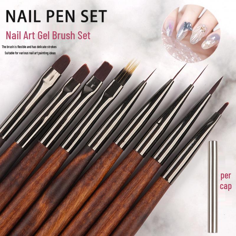 Japanisches Sandelholz Nagelkunst Pinsel Set: Runde, Flache, Liner-, Farbverlauf-, Spitze-, Punktier- und Verblendpinsel.