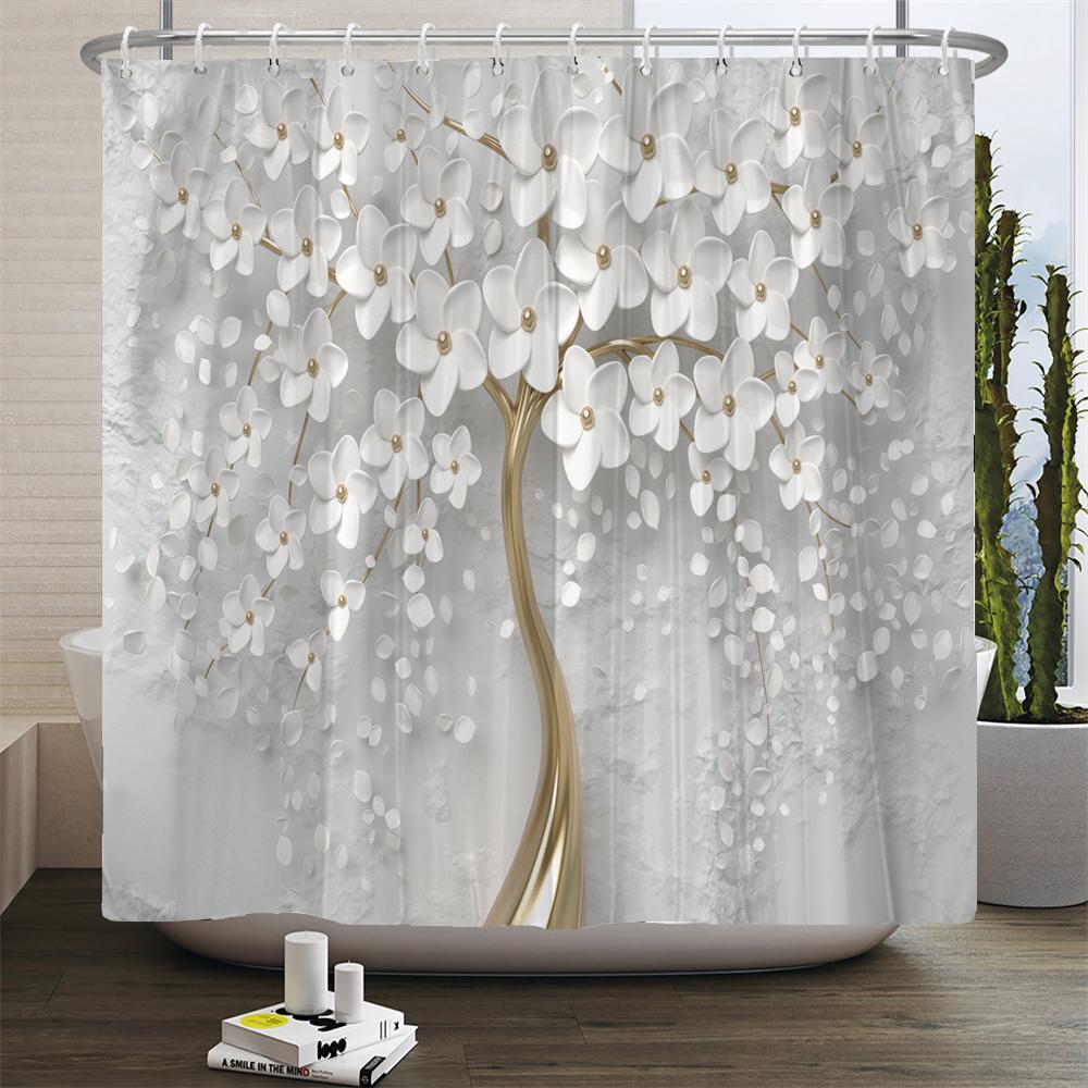 Elegant Bukett Av Fantastiska Vita Blommor 3D-stil Duschdraperi Badrumsgardin Med Badrumsmatta Mattset Blommig Heminredning