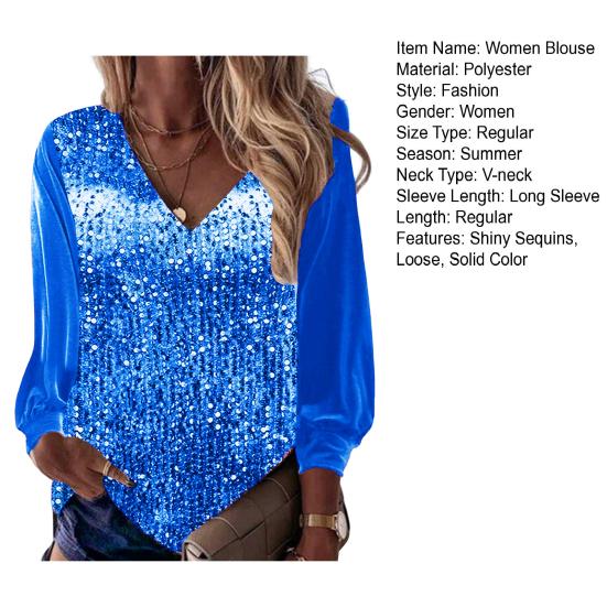 Women Blouse V-neck Long Sleeve Loose Fit Soft 3D Cutting Dressing Up Skin-touching Shining Club Shirt Streetwear
