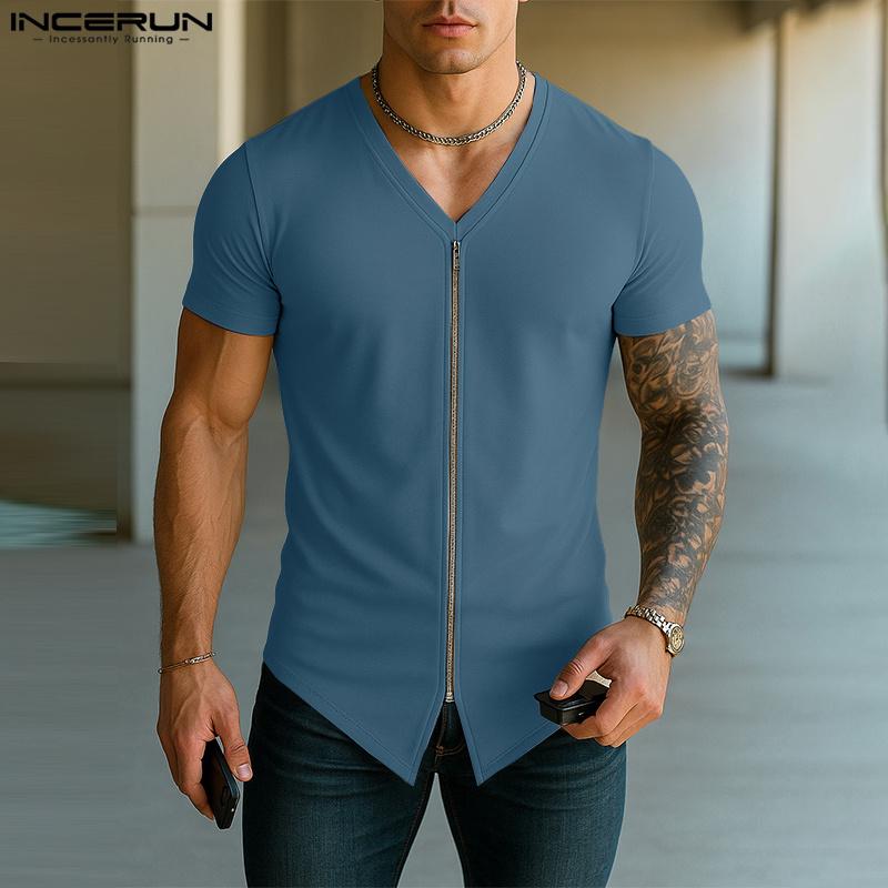 INCERUN T-shirts Homme Col V Zippé Manches Courtes Irrégulier Casual Ajusté