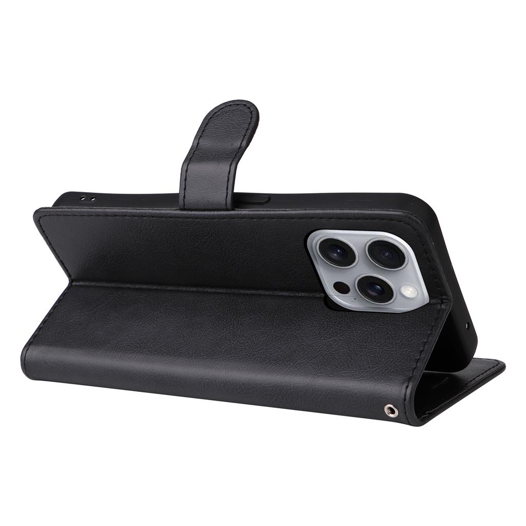 For iPhone 16 Pro Max Case Solid Color Leather Mobile Cover Wallet Stand with Strap