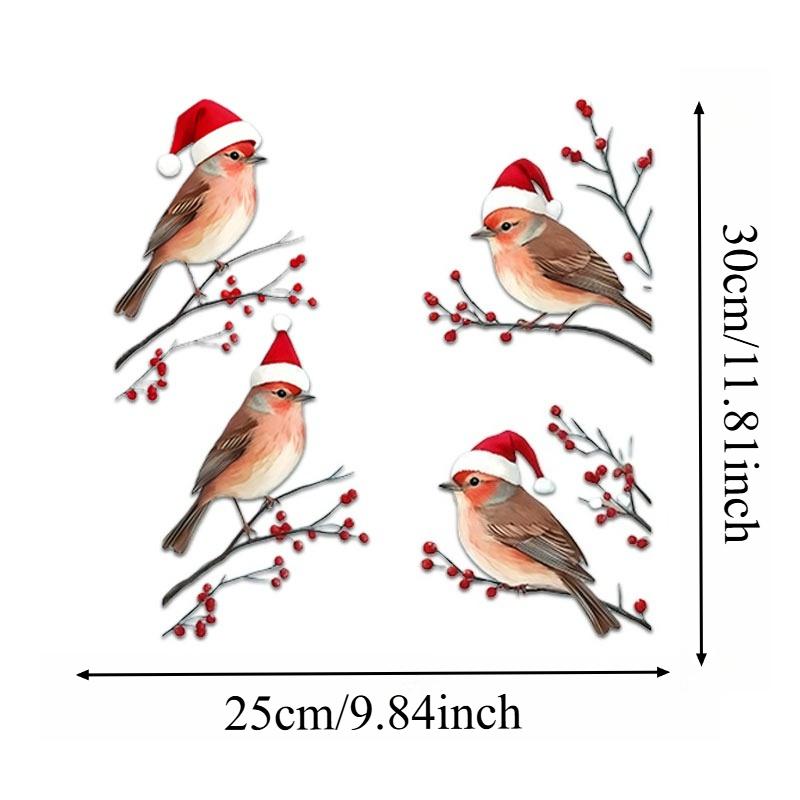 

1Set Christmas Four Birds in Santa Hats and Red Berry Branches Window Sticker Self-adhesive Wall Stickers Door Glass Vinyl Decal