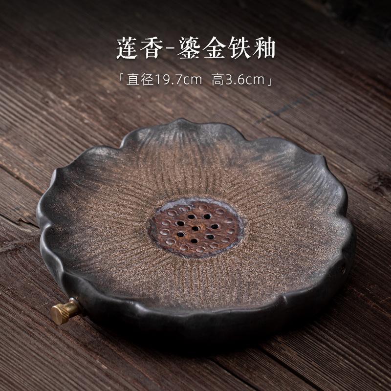 Teeablage Keramik Tee Serviertablett mit Abtropffläche Retro Lotusmuster Untersetzer Teetisch Box mit Wasserspeicher für Kungfu Set