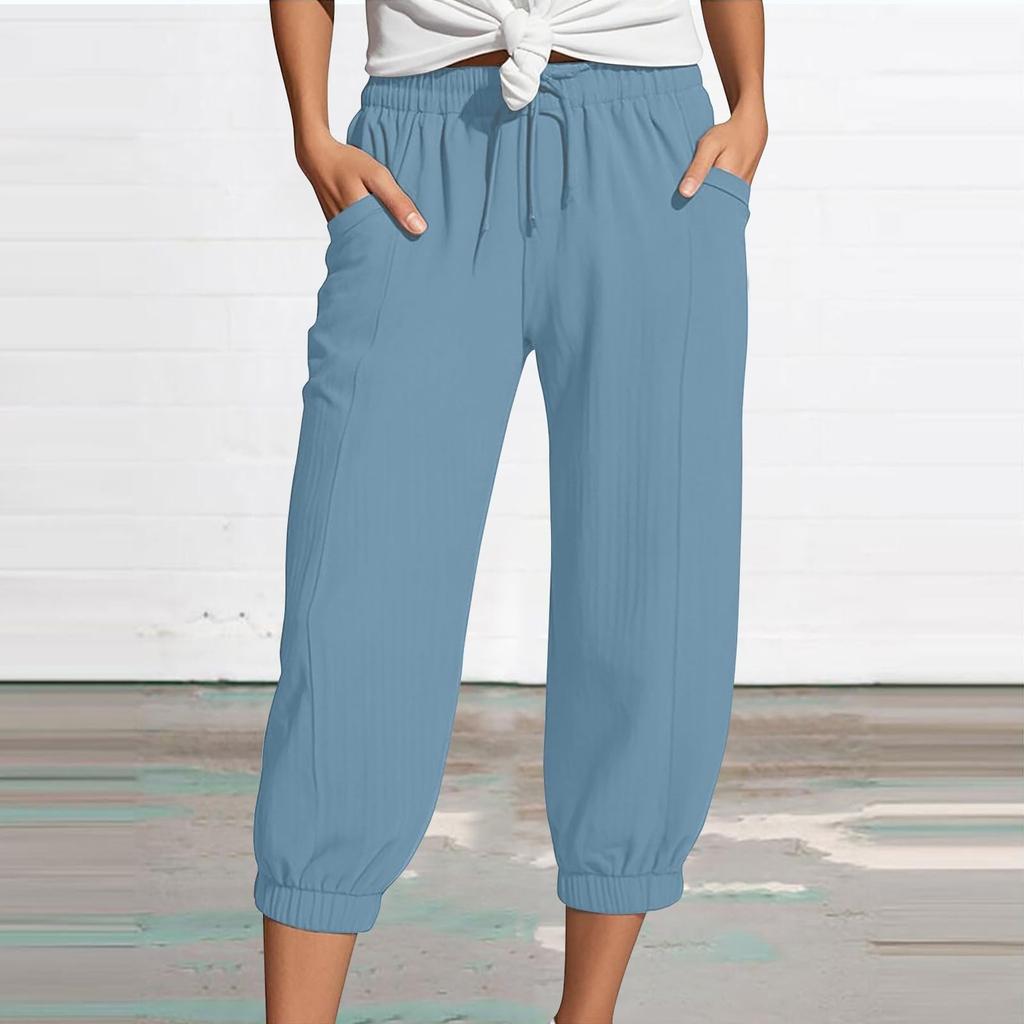 Women's Summer 3/4 Trousers  Summer Trousers With Pockets Causal Loose Trousers Fabric Trousers Sport Leisure Beach Trousers
