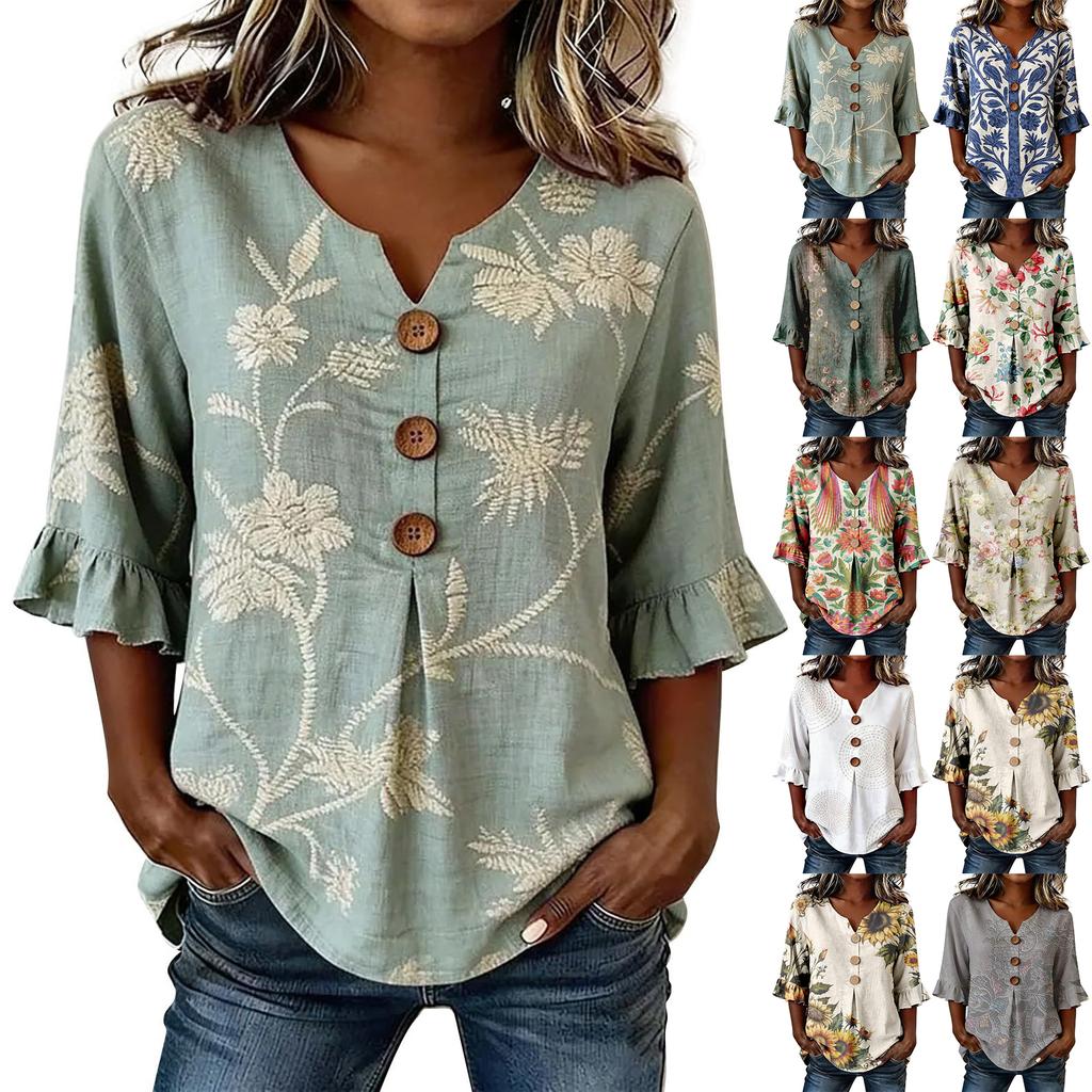 Women V Neck Floral Print Button Loose Fit Ruffle Sleeve Blouse Casual Comfortable Top for Daily Wear Office Travel