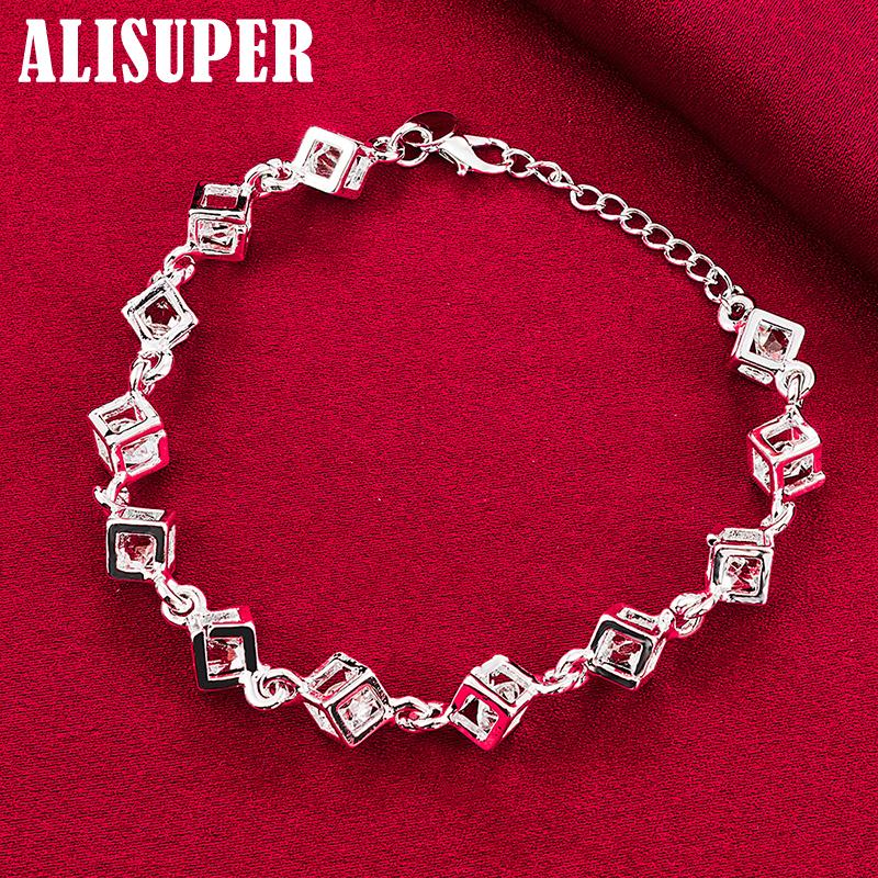 925 Sterling Silver Square AAA Zircon Chain Bracelet Jewelry