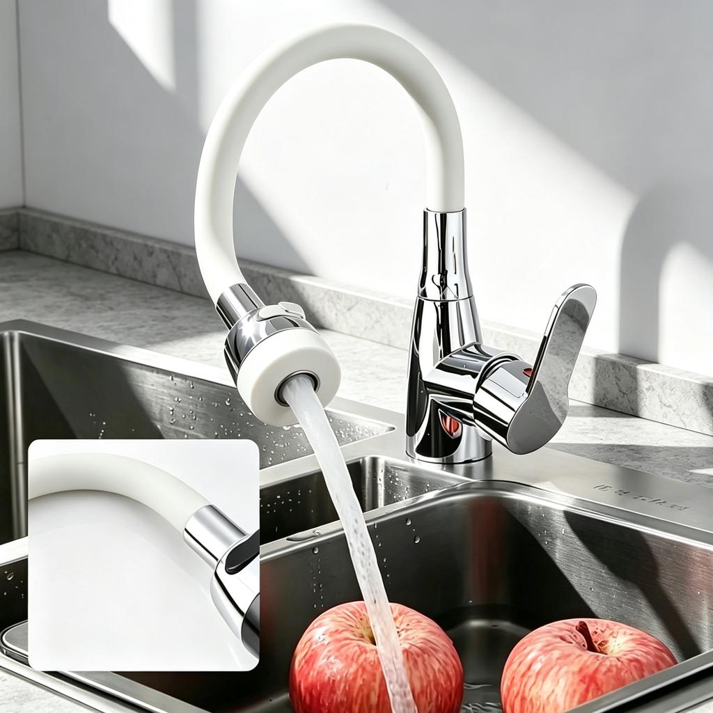 1PC High-End 360° Rotating Kitchen Faucet Flexible Silicone Hose Nozzle Household Sink Tap with 2 Supply Hoses
