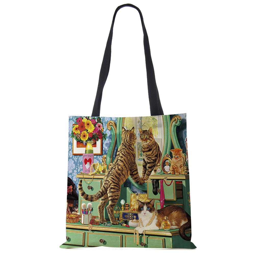 Customize Oil Painting Cat Print Womens Designer Tote Bags Linen Reusable Shopping Bag For Groceries Shoulder Bags for Lady 2020 Casually