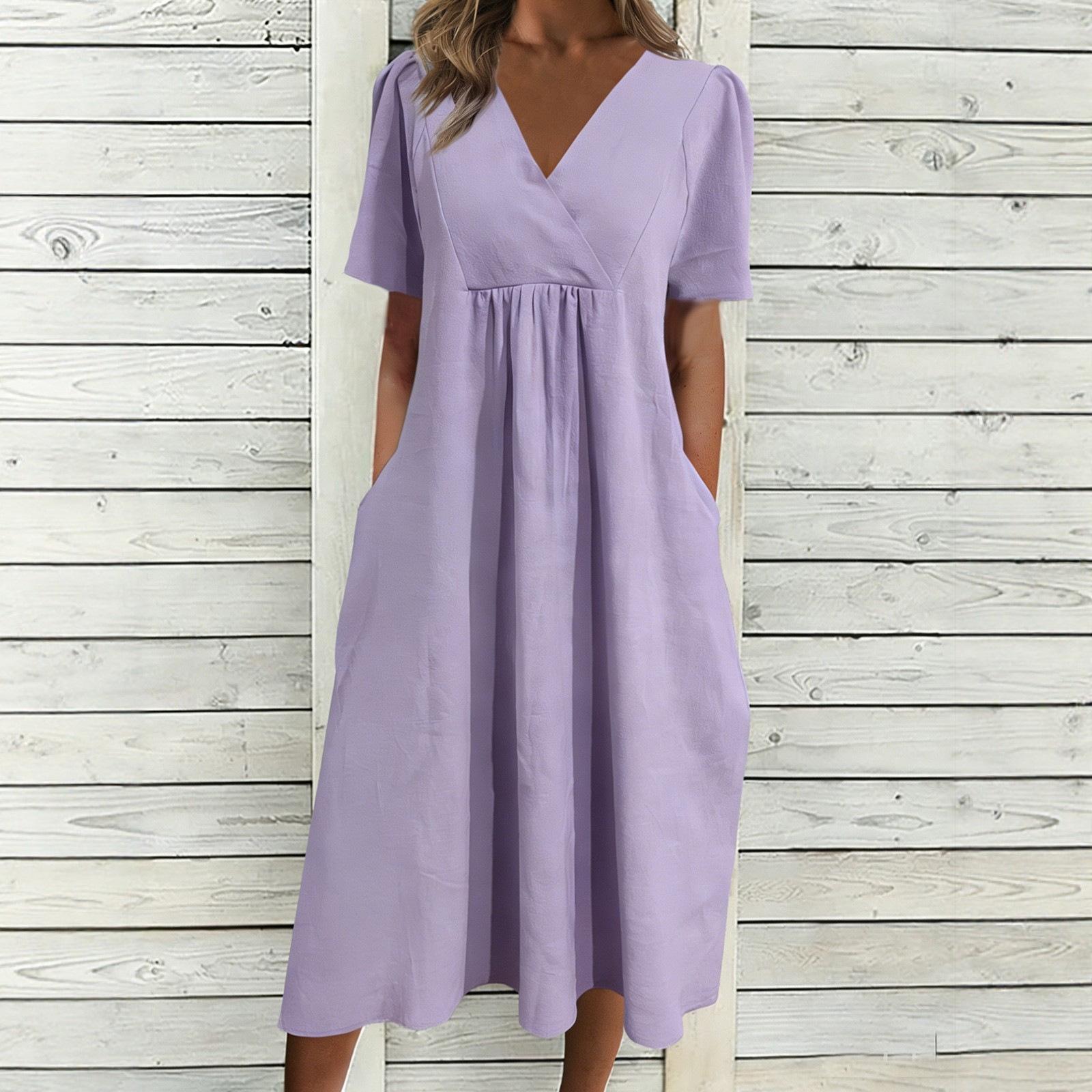 

Women s Fashionable Loose-Fit V-Neck Short-Sleeve Casual Cotton-Linen Blend Dress S фіолетовий