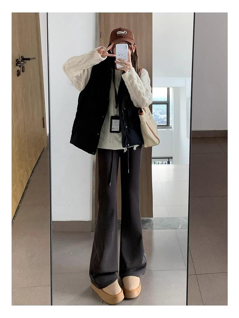 New Women's High-Waisted Drawstring Flare Pants - Slimming, 145cm, Ideal for Spring and Autumn