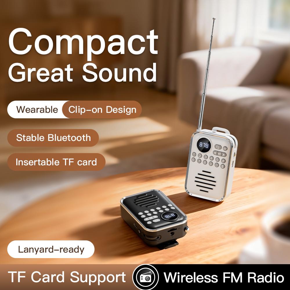 Clip-On Bluetooth Speaker with Radio Portable Wireless Speaker with TF Card 3.5mm Jack Lanyard-Compatible Compact for Outdoor
