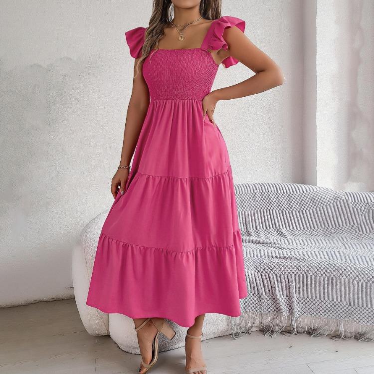 Autumn Winter Women Elegant High Waist Pleated Dress Short Sleeve Solid Color Lace Up Fashion