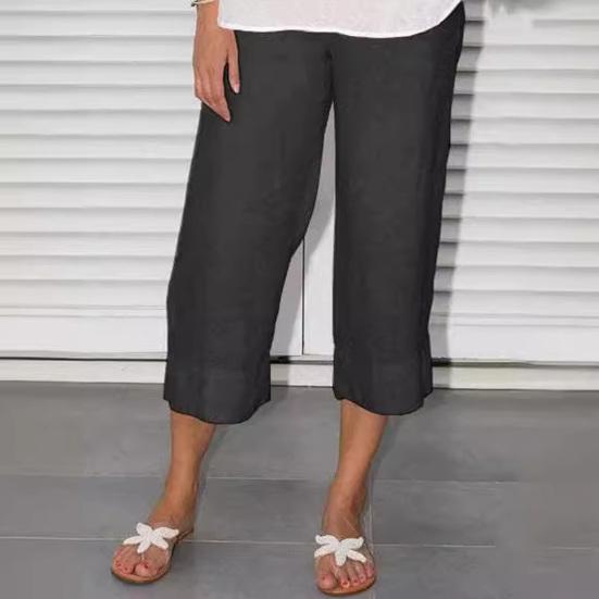 Women Pants Elastic Waist Mid-rise Wide-Leg Casual Pants with Pockets Solid Color