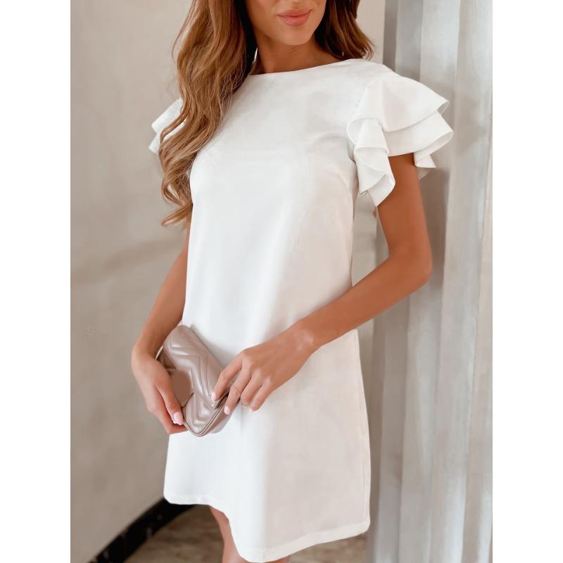 Summer Simple Short Sleeved Fashion Ruffled Dress Women Backless O Neck Solid Color Elegant Casual Simple Loose A-line Party Short Dresses Female