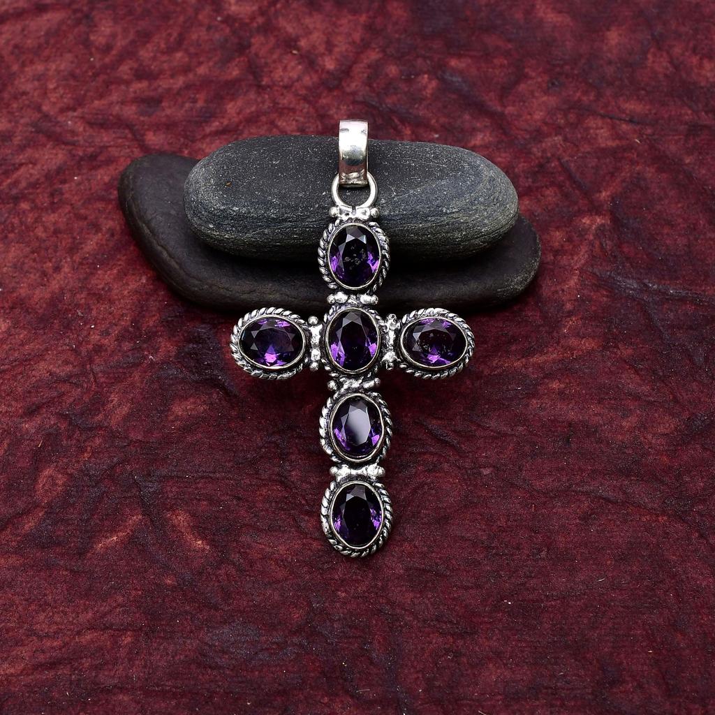 Awesome Amethyst Cross Shape Gemstone Pendant: 925 Sterling Silver Handmade Pendant Necklace Jewelry