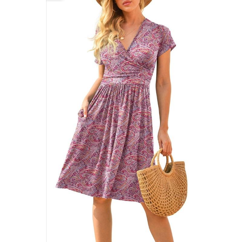 Fashionable New Women's Dress, V-neck Short-sleeved Printed Pockets, Elegant and Versatile