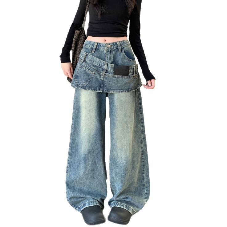 Women's Retro Two-Piece Look Hem Jeans: Loose, Straight-Leg Wide Pants