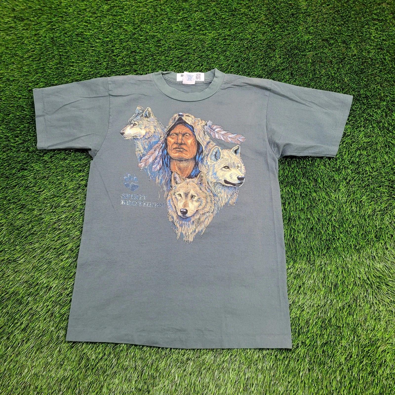 Vintage 90s Native-American Indian Wolf Shirt Medium 19x26 Green S