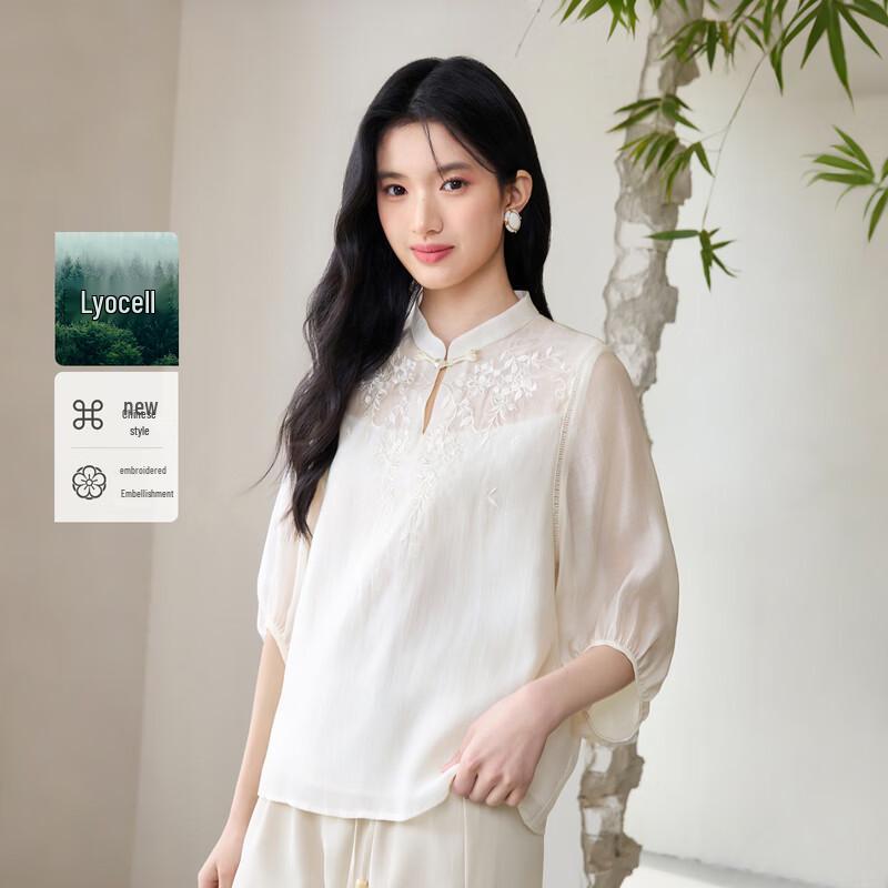 Qiushui Yiren H-line Embroidered Stand Collar Chiffon Blouse M