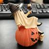 Creepy Chic Room Decor Cute Ghost Figurine, Sitting on Pumpkin Statue with Witch Funny Halloween Shelf Doll Hat, Resin Tabletop Ornament for
