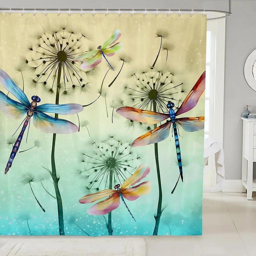 Dragonfly Watercolour Shower Curtain Dandelion Lavender Flower Polyester Fabric Home Art Bath Curtains Bathroom Decor with Hooks