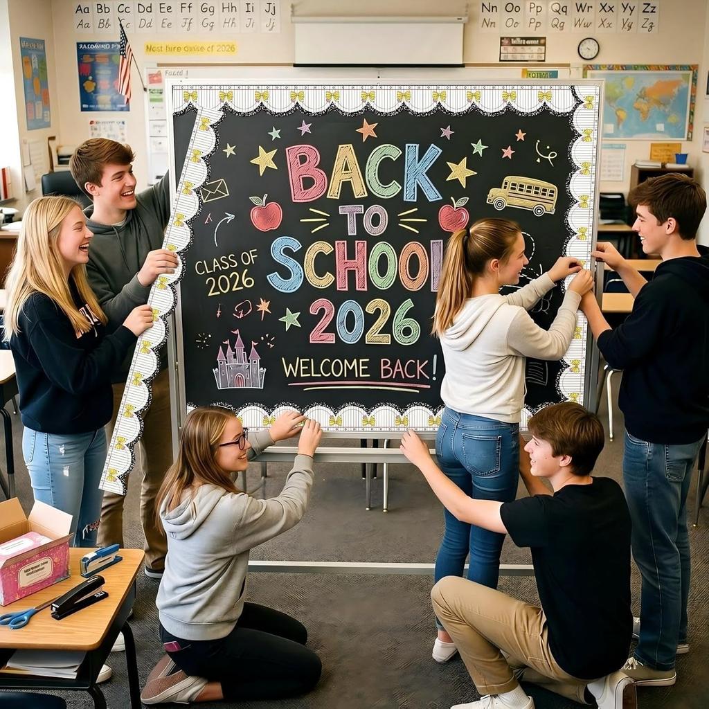Autocollant Décoratif Bande Adhésive Bordure pour Tableau d'Affichage Motif Crayon 10M Auto-adhésif pour Salle de Classe Tableau Noir Bureau