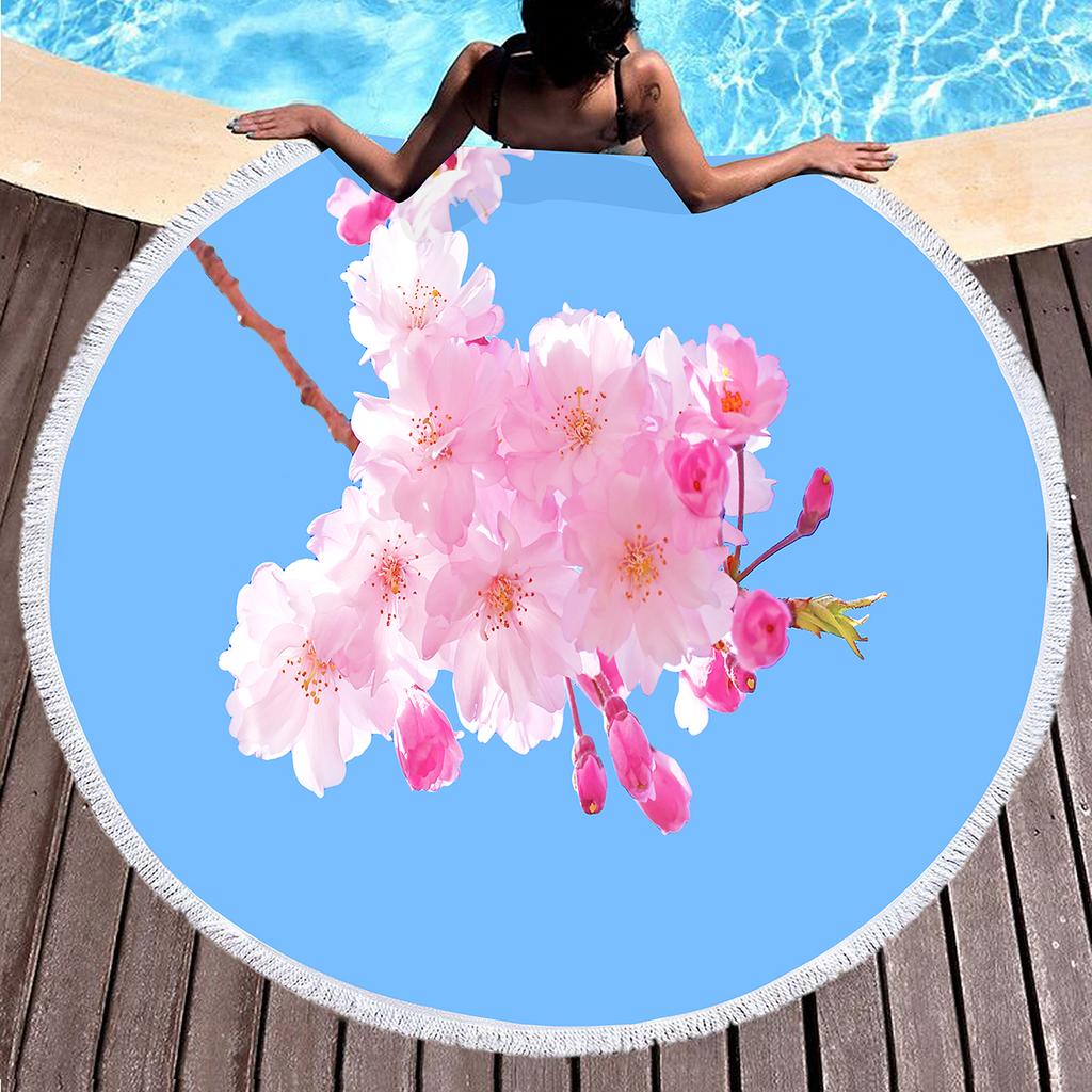 Cherry Blossom Round Beach Towel,Cherry Blossom Tree In The Sun Sand Anti-Sand Beach Blanket Absorbent Quick Dry Soft Pool Towel