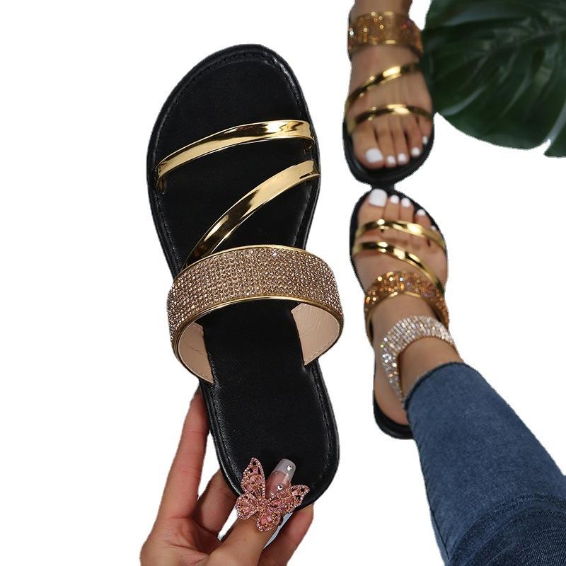 Large Size One-word Cool Slippers Women's Fashion Rhinestone Outdoor Breathable Rhinestone Casual Sandals
