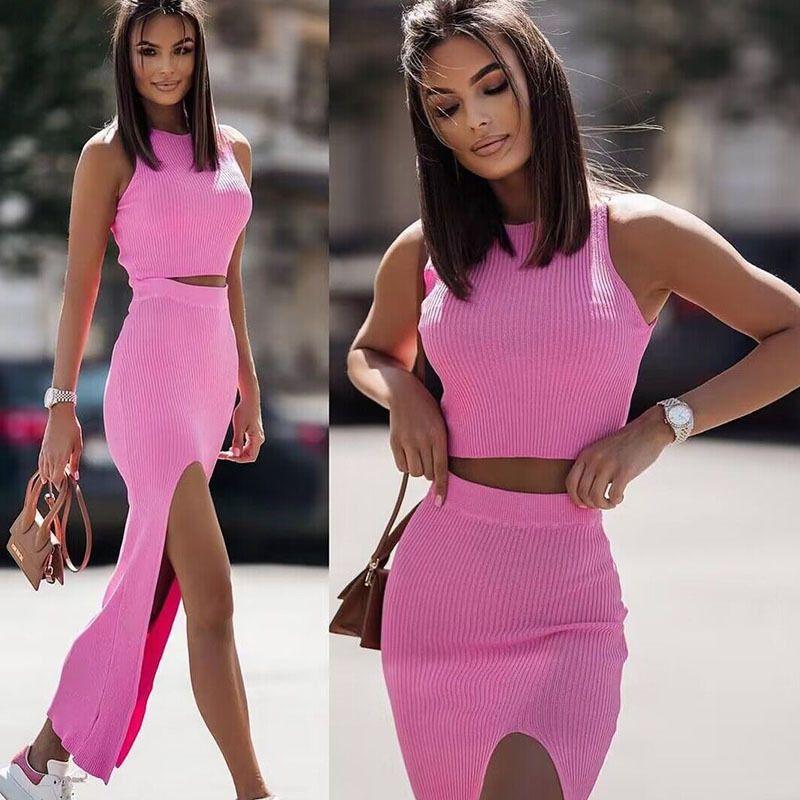 2025 Summer New Western Style Top Waist Bag Hip Slit Sexy Knitted Skirt Vest Short dress Set