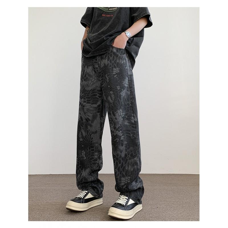 Mens Streetwear Camo Snake Print Loose Fit Straight Leg Denim Jeans Casual Fashion