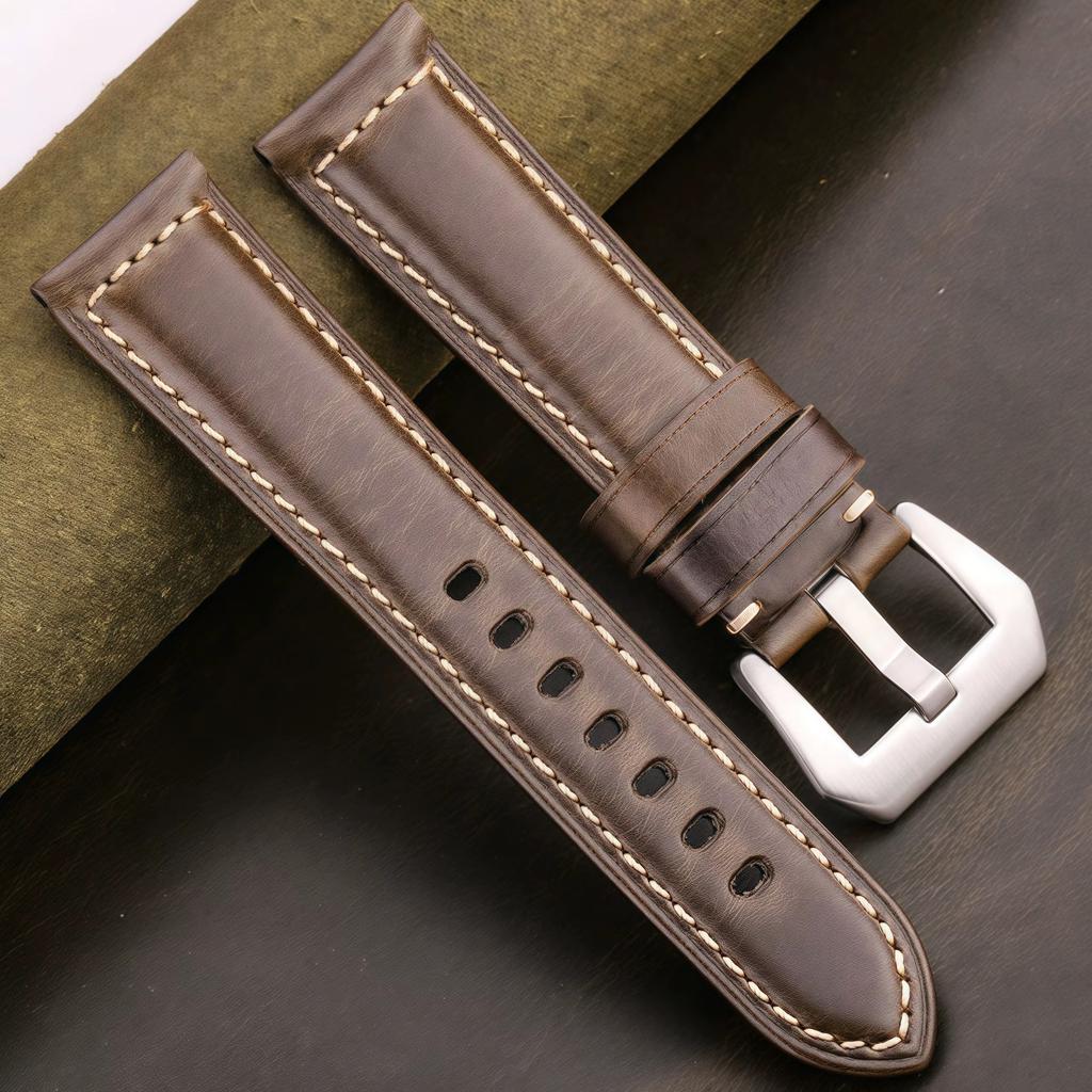 20mm 22mm 24mm 26mm First Layer Oil Wax Cowhide Padded Leather Watch Strap Screw-in Stainless Buckle Vintage Style Band