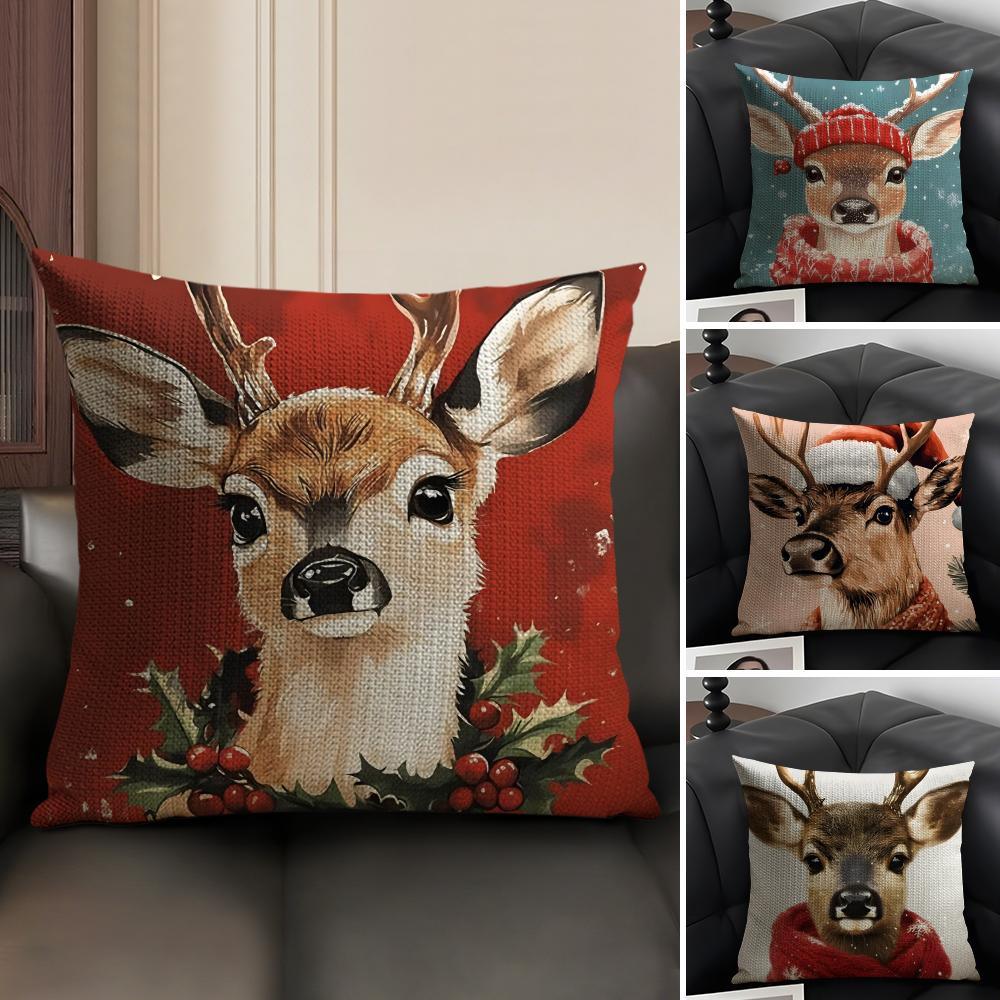 Reindeer Christmas Cute Cushion Cover Natural Linen Organic Fabric Double-Sided Printing Sofa Home Decor Gift Pillow Case