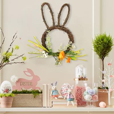 Osterhase Kranz Kleine Hasenform Rattan Kranz mit Pastell-Eiern Blumen für Haustür Innen Außen Frühling Haus Fenster Wand Dekoration
