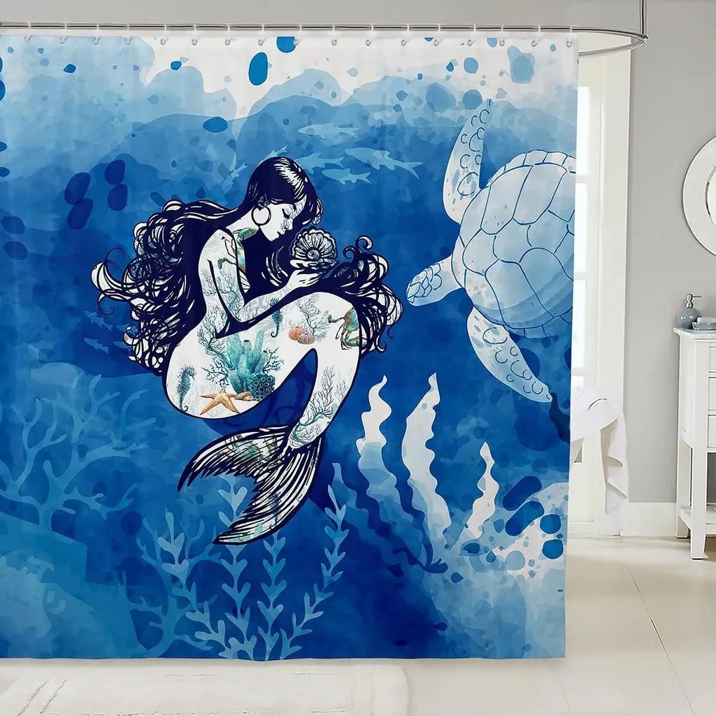 Vibrant Sea Life Watercolor Print Water-Resistant Shower Curtain With Colorful Shells And Fish For Ocean-Themed Bathroom Decor