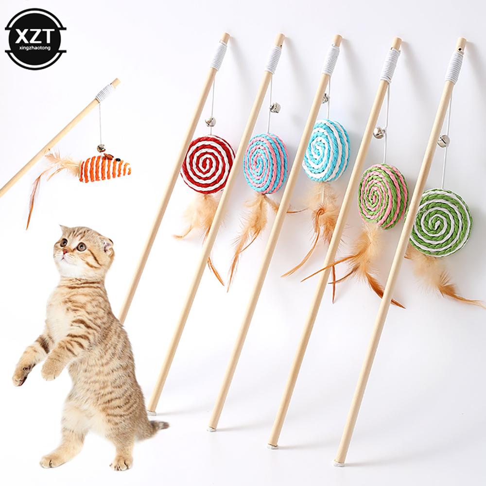 1pc Pet Cat Interactive Stick Feather Cat Stick Teaser Feather Toy Kitten Funny Colorful Rod Cat Wand Toys Wood Pet Cat Supplies
